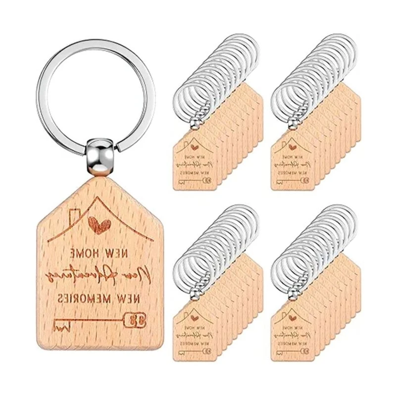 Small House Shaped Engraved Key Tags, 40 PCS Keychain Bulk Wood For Homeowner Move In Gift