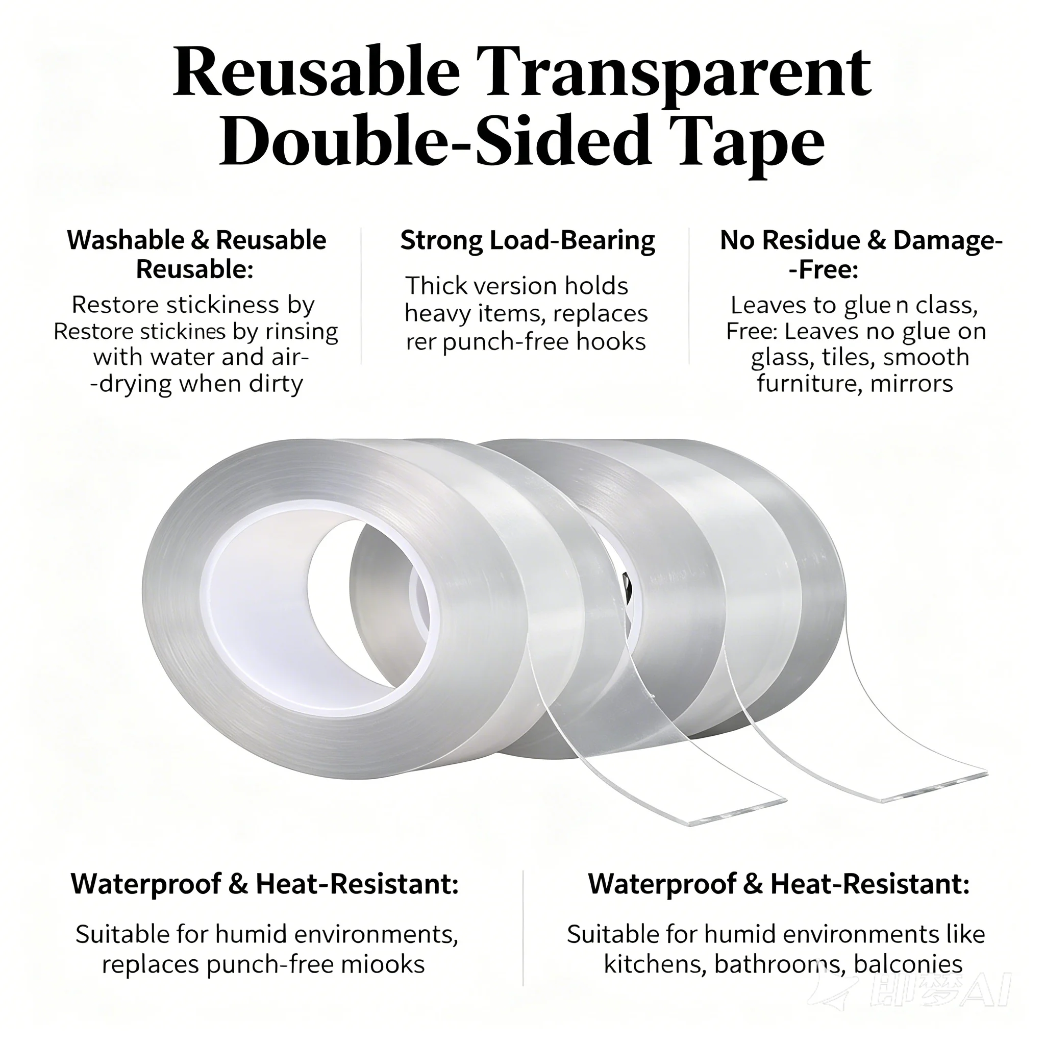 Nano traceless clear double-sided tape, washable reusable with strong adhesion, wall desktop fixing, multi-scene wide use view 3