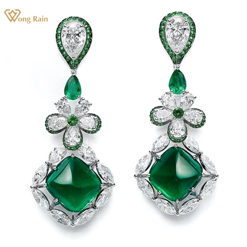 

Wong Rain Vintage 925 Sterling Silver Sugar-loaf Cut Emerald High Carbon Diamond Gemstone Drop Dangle Earrings for Women Jewelry