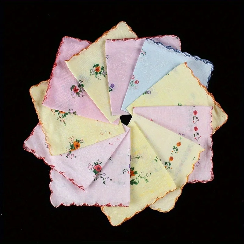 12 قطعة منديل نسائي مطبوع من القطن بتصميم زهر مربع مع مناديل نسائية بحافة متموجة #1