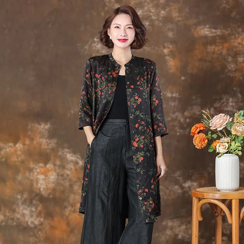 Spring Autumn Thin Printed Windbreaker Women High End Silk Long Coat Middle Aged Mother Cardigan Long Blouse Large Size 5XL