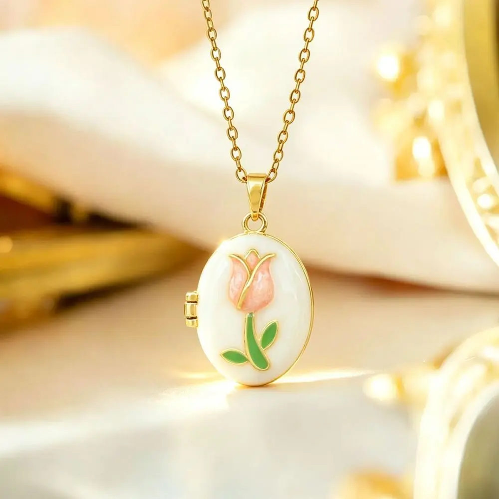 Openable Photo Locket Pendant Necklace Titanium Steel Opening and Closing Lid Enamel Necklace Charm Non-Fading T
