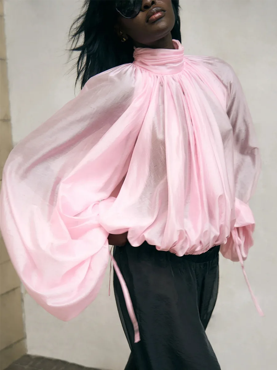 Bornladies 2026 Spring and Summer New High Collar Long Sleeve Shirt, Semi Transparent Lantern Sleeve Folded Flower Bud Shirt