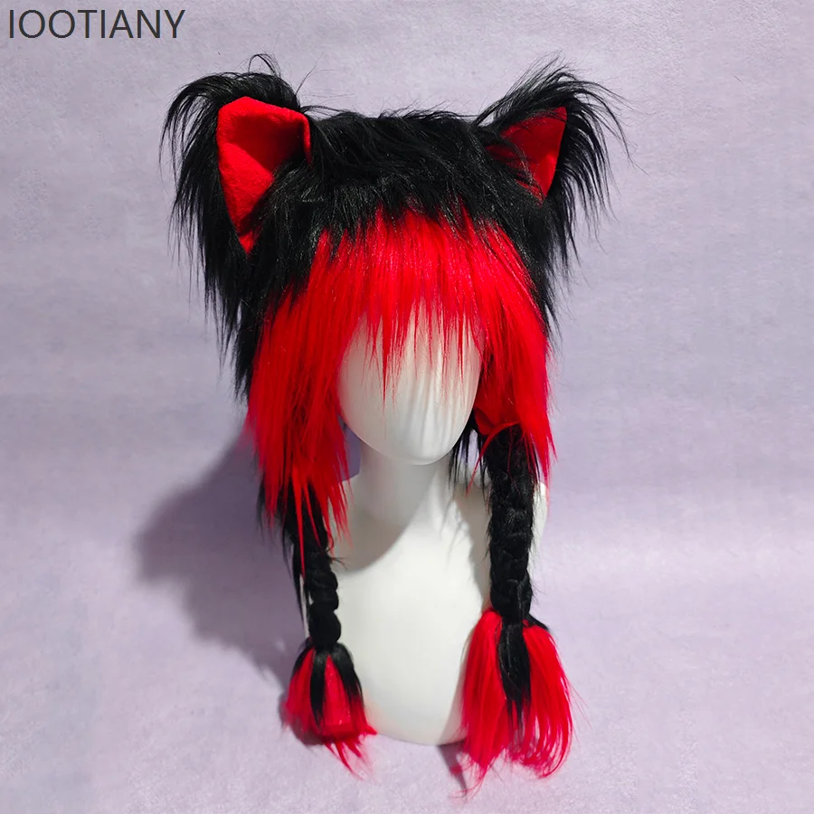 IOOTIANY-Sombrero de felpa Kawaii con orejas de gato para Cosplay, rojo y negro, con orejeras tejidas y cálidas y esponjosas, tocado, accesorios de Anime