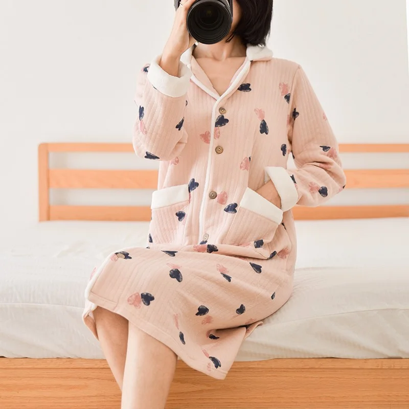 Three-Layer Thickened Warm Cardigan Mid-length Thickened Cotton Nightgown Autumn Winter Air Cotton Cartoon Home Wear