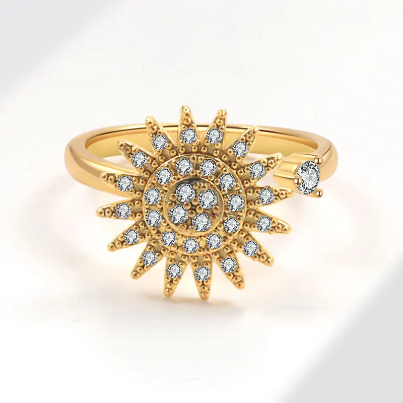 Jisensp Crystal Fashion Gold Plated Sunflower Rotating Open Rings For Women Anxiety Fidget Finger Ring Jewelry Party Gift