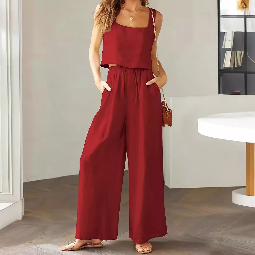 Women Vest Black Suit Women\'s Square Neck Wide Leg Pants Set For Wear Loose Top With High Elastic Waist Trousers 2 Piece 2024