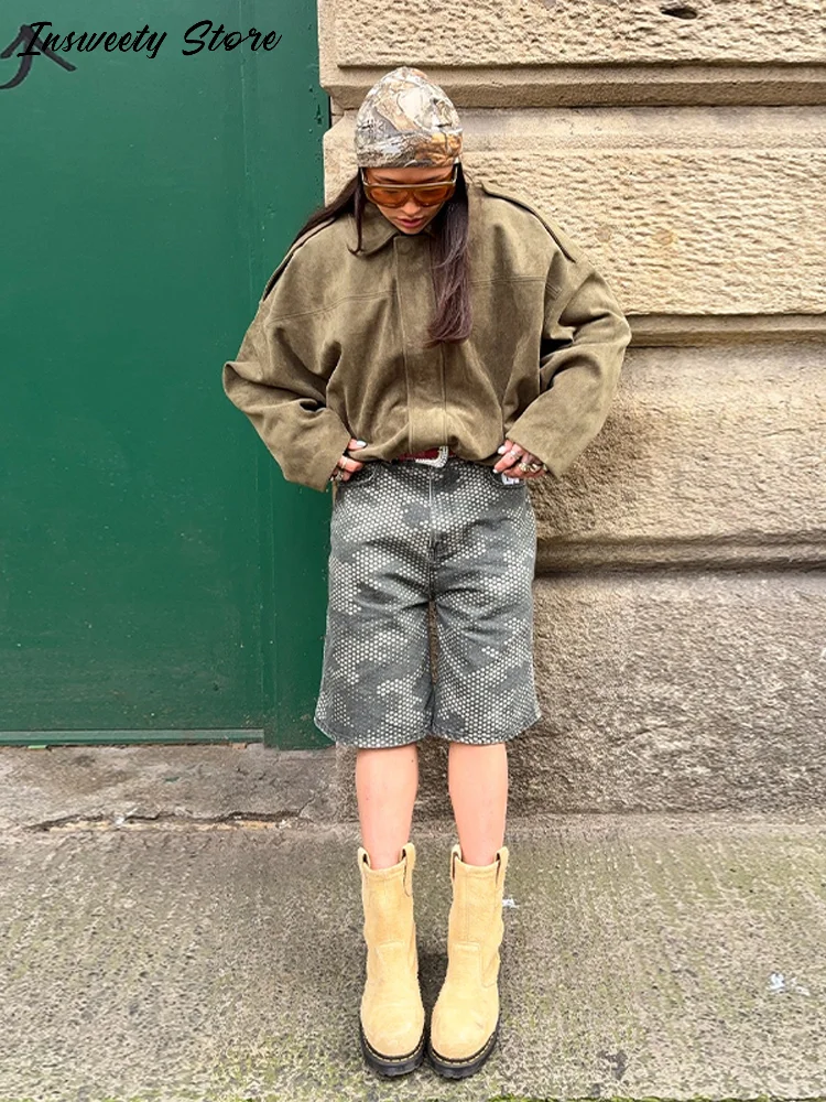 

Fashion Suede Jacket Women Turn-down Collar Single Breasted Long Sleeve Pockets Short Coat 2025 Autumn New Ladies Vintage Coats