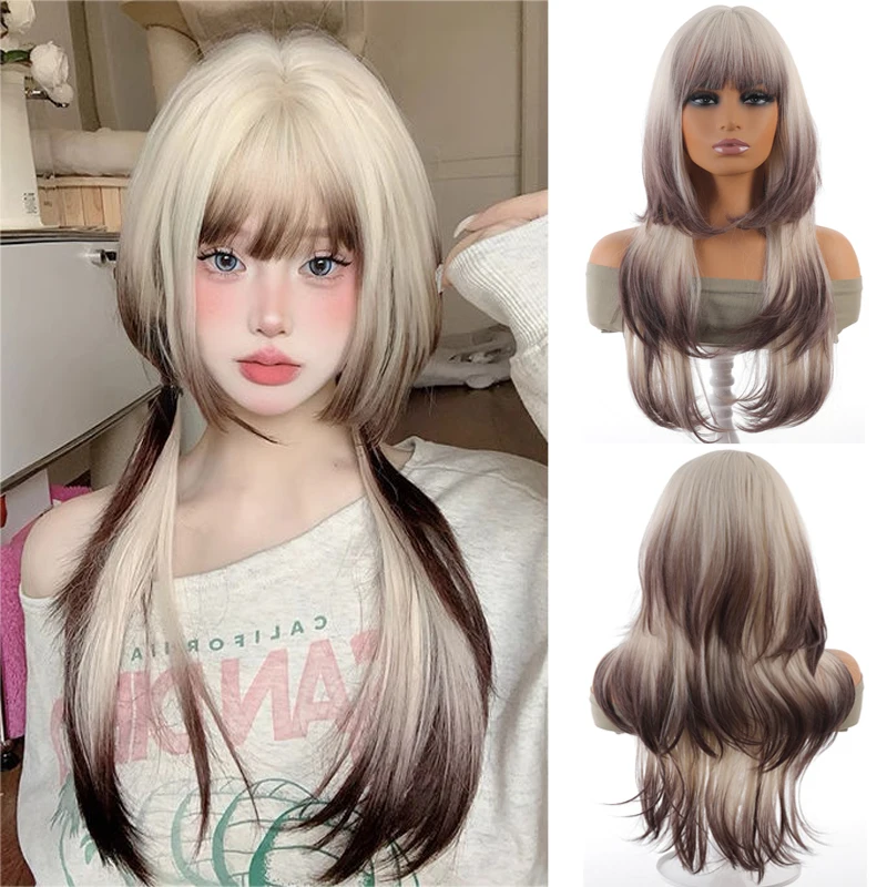 

A full set of Lolita long straight hair wigs with a gradient jellyfish hairstyle, layered air bangs and a sweet and cool style