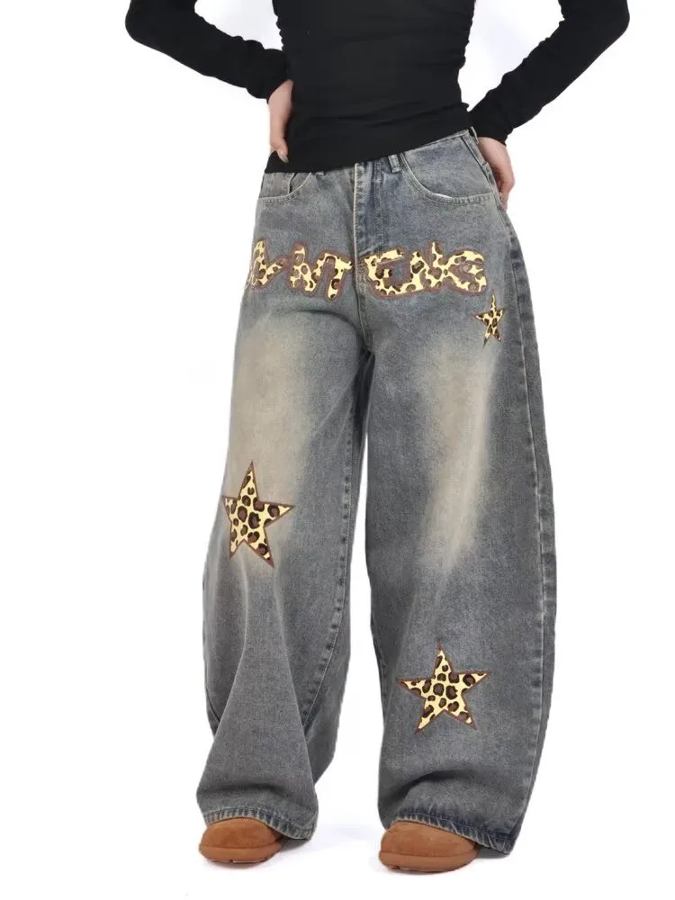 

2025 Американские Ретро Y2K Леопардовые Звездные Модерные Синие Мешковатые Джинсы Брюки Для Женщин Одежда Широкие Готические Женские Джинсовые Брюки