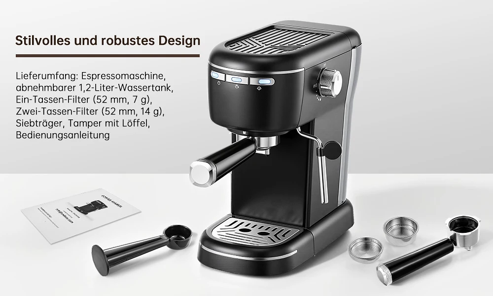 15 Bar 1,2 l abnehmbarer Tank, kompakte Cappuccino-/Latte-Maschine, Edelstahl, 1100 W, schwarze Espresso-Kaffeemaschine – Detail 6