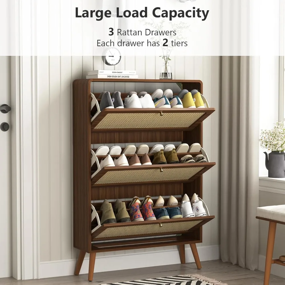 3 Rattan Flip Drawers Hidden Shoe Rack for Entryway Hallway Living Room Free Standing Narrow Shoe Storage Cabinet with Wood Leg