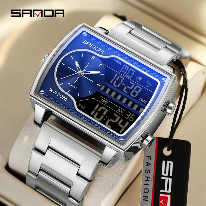 

SANDA 6163 Fashion Trend Men's Quartz Watch Fashion Square Watch Countdown Sports Waterproof Dual Display Digital Men's Watches