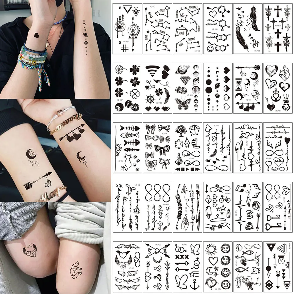 30pcs Waterproof Temporary Tattoo Sticker Dark Small Pattern Love Lines Feather Cross Body Art Arm Fake Tattoos Sleeve Women Men