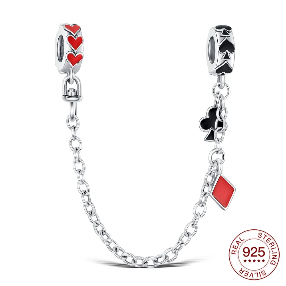 Neue Charms Original Poker-Anzug Sicherheitskette S925 Sterling Silber Perle Passend für Armbänder DIY für Frauen Edler Schmuck Liebesgeschenk