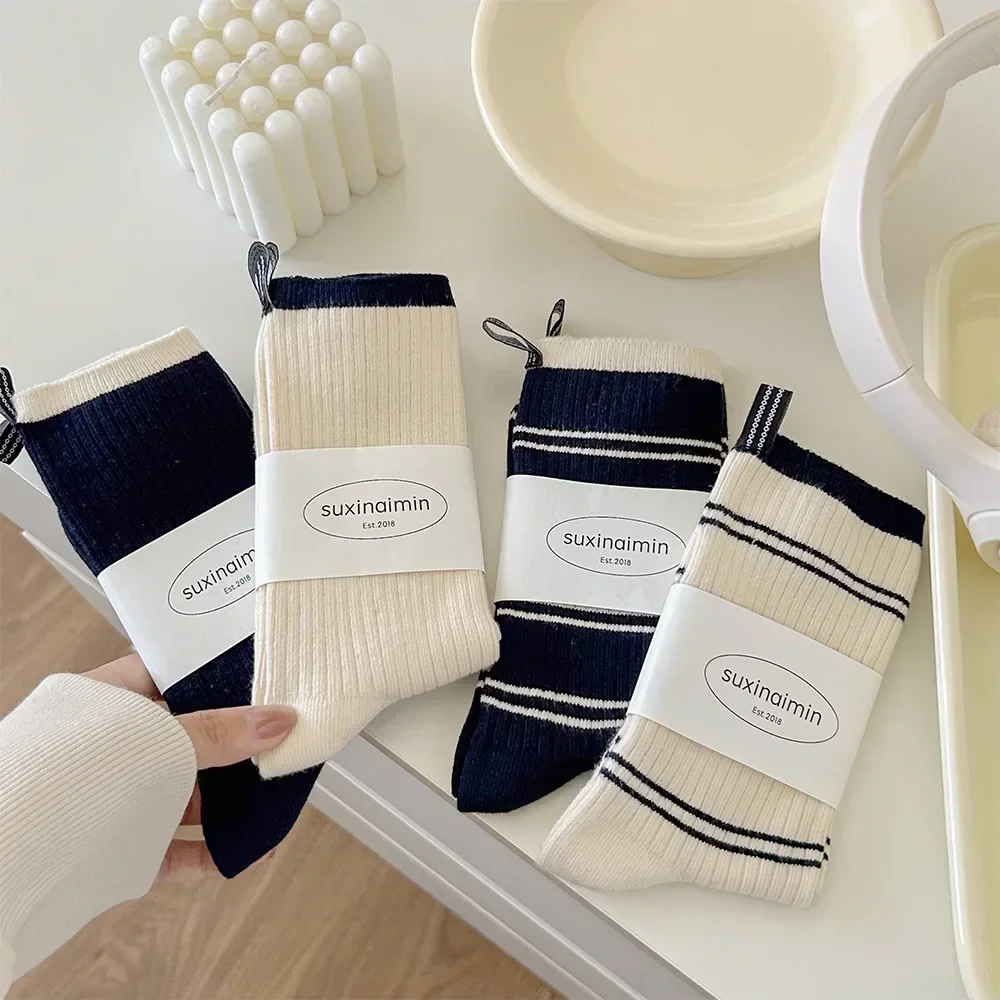 suxinaimin socks women's spring and autumn contrasting color stripes ins trendy Japanese medium tube stack socks