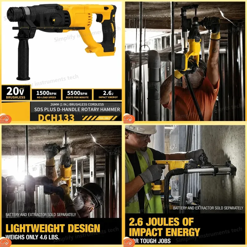 DCH133 26mm 1in Brushless Cordless SDS Plus Rotary Hammer Drill 20V Lithium Ion Impact Hammer 5500 BPM 2.6J