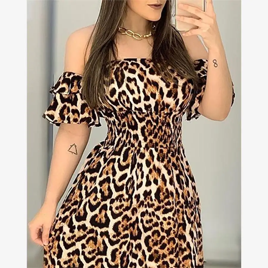 Novedad de verano, falda Midi de tela tejida con empalme de Dr Street Sle para mujer con estampado de leopardo v-ne Long Sve, h-ape
