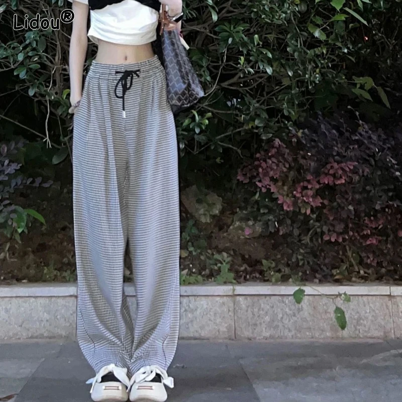 Pockets Lacing Elastic Waist Fashion Casual Plaid Handsome Loose-fitting 2023 Women\'s Clothing Spring Summer Thin Wide Leg Pants