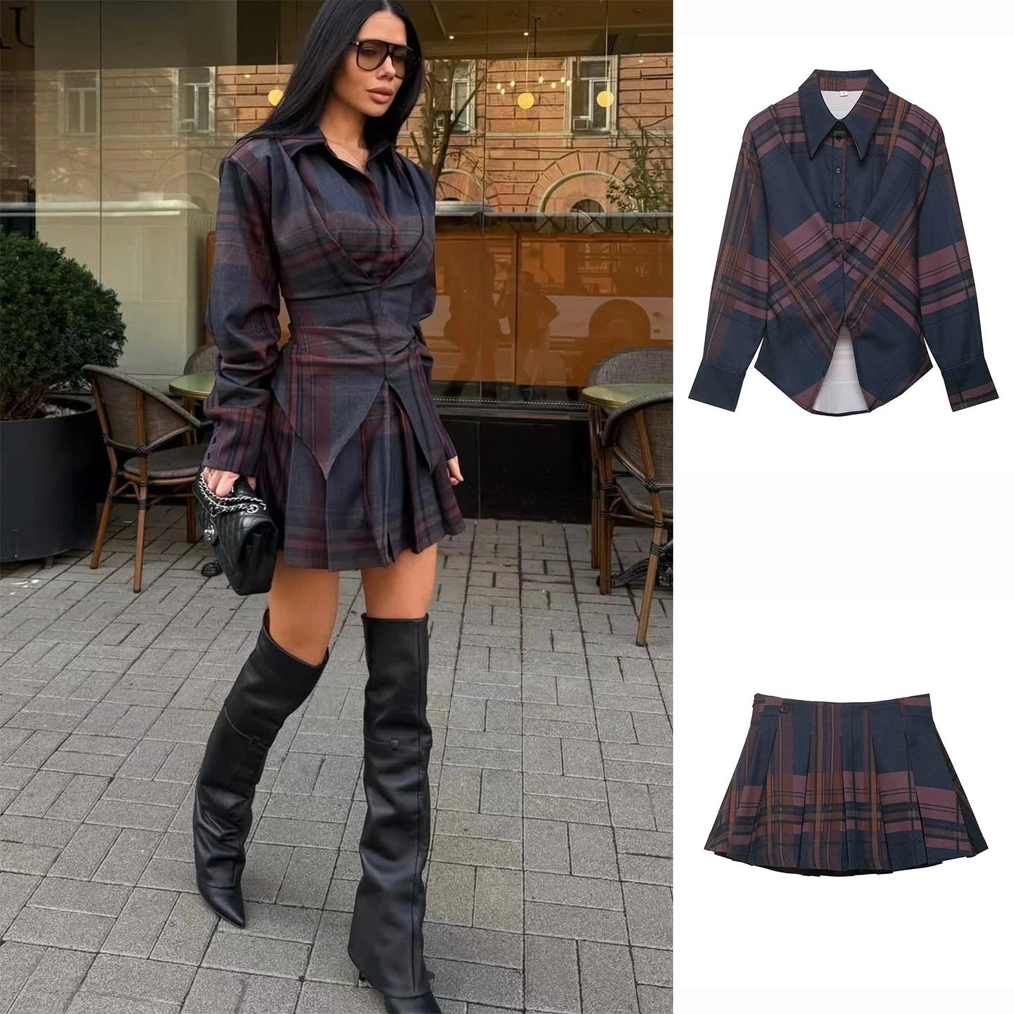 

Весенний новый комплект из рубашки с длинным рукавом и отложным воротником в клетку и юбки с высокой талией, женская мода в стиле колледж.