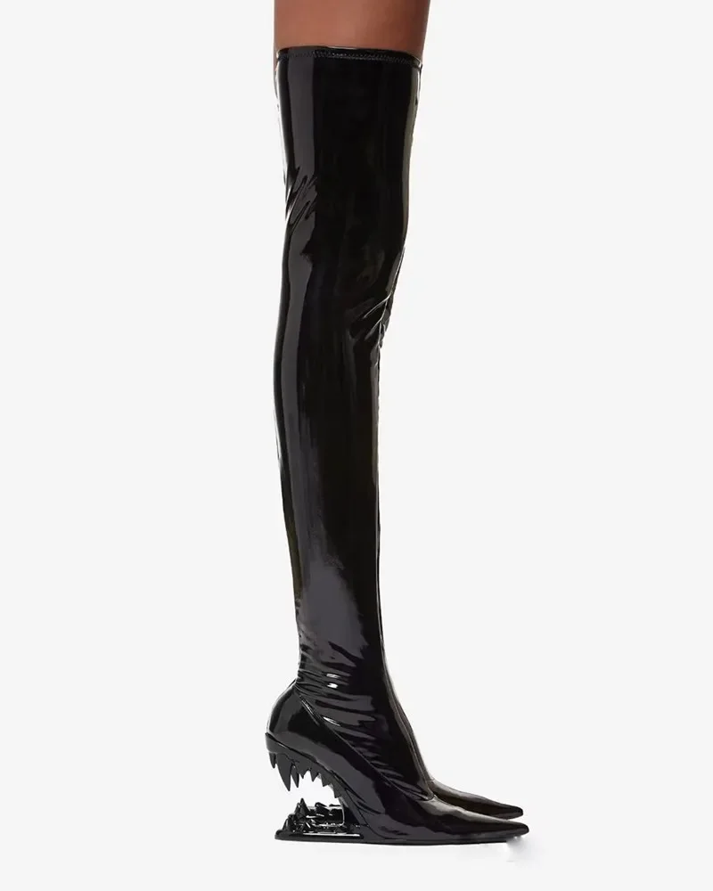 Nieuwe mode over de knie dij lange dameslaarzen sexy puntige neus zijrits tanden hoge hakken lakleren laarzen