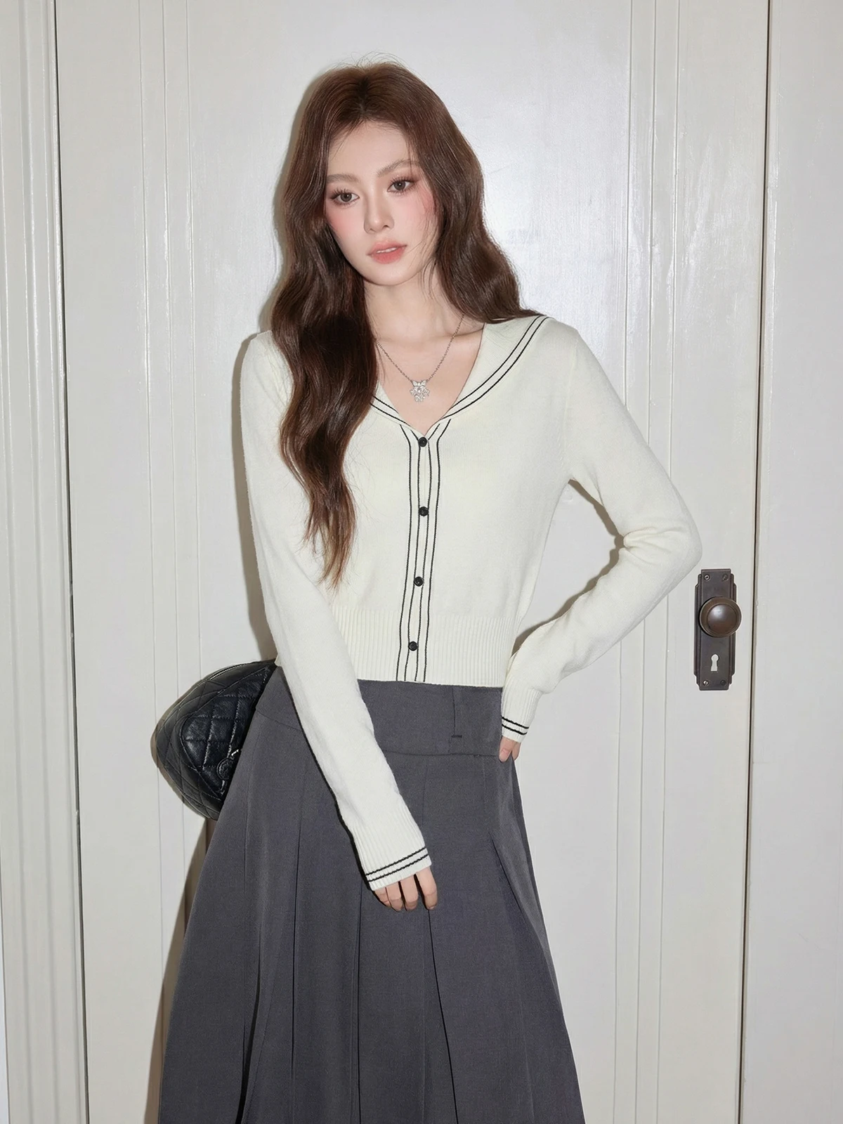 

Приталенный корейский вязаный кардиган с отложным воротником или без, женский, для ранней весны, базовая внутренняя одежда, топ, белый цвет