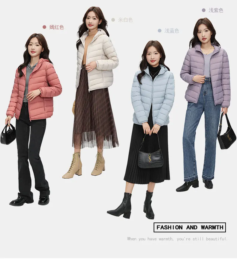 Lightweight Packable Hooded Down Jacket Women Autumn Winter 90% Down Fill Base Layer Jacket Female Solid Color Casual Down Coats
