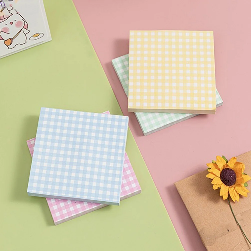 4 Books Self Stick Memo Pad Plaid Element Notepads Non-stick Notebook Schedule Planning Paper Student