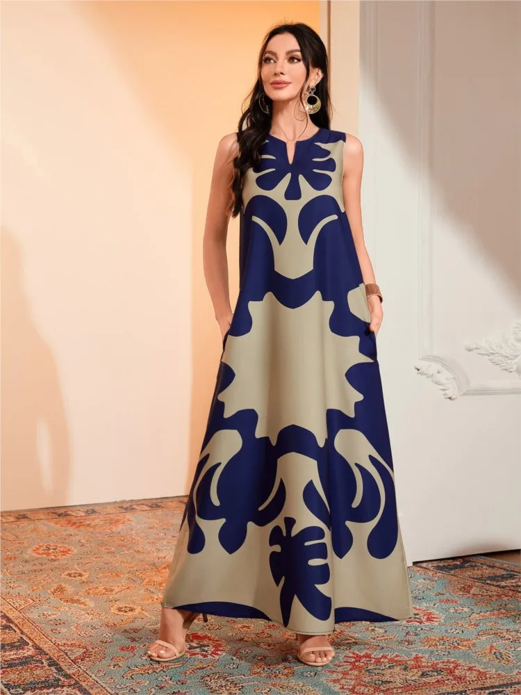 여성용 뉴 빈티지 캐주얼 프린트 드레스 봄 여름 우아한 브이넥 민소매 파티 맥시 드레스 여성 보헤미안 루즈 드레스