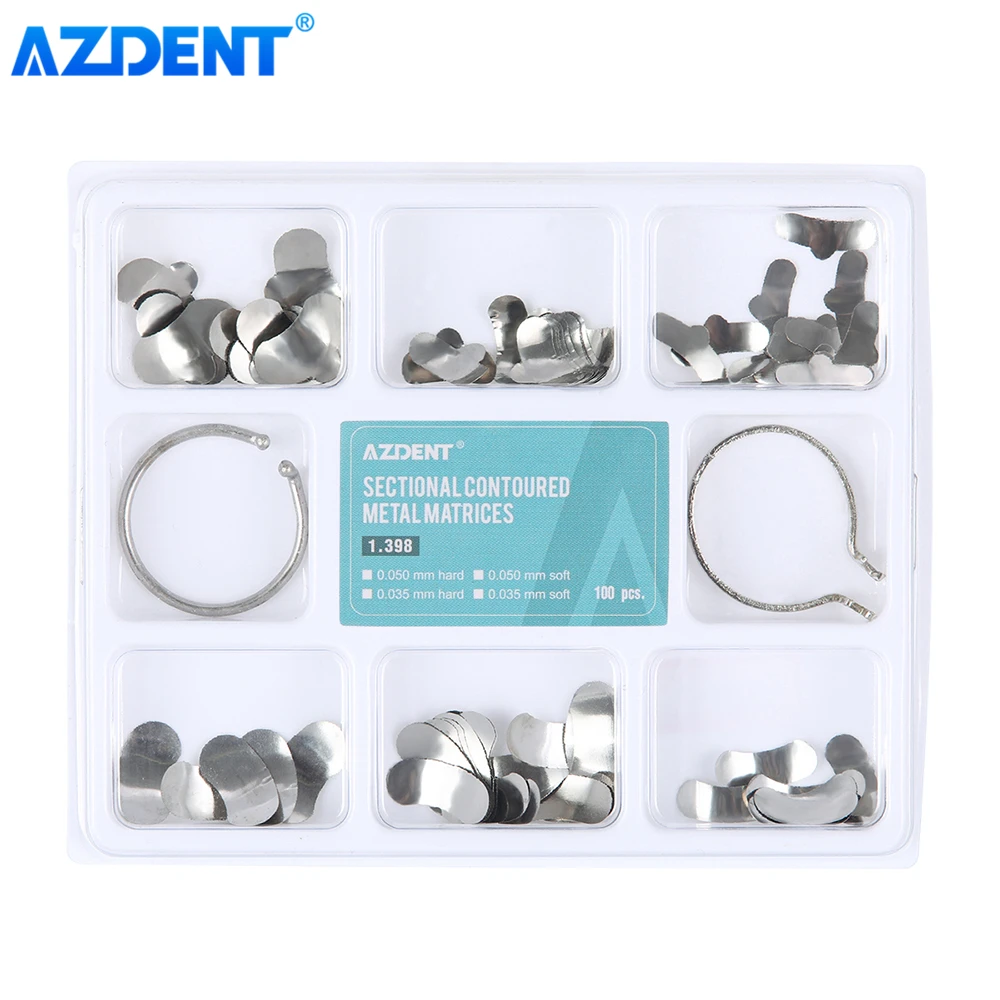 AZDENT 100szt Dental Sectional Contoured Filling Molding Sheet 1.3398 Matrix Band Forming Clip 40szt Silikonowe szczypce do kliny