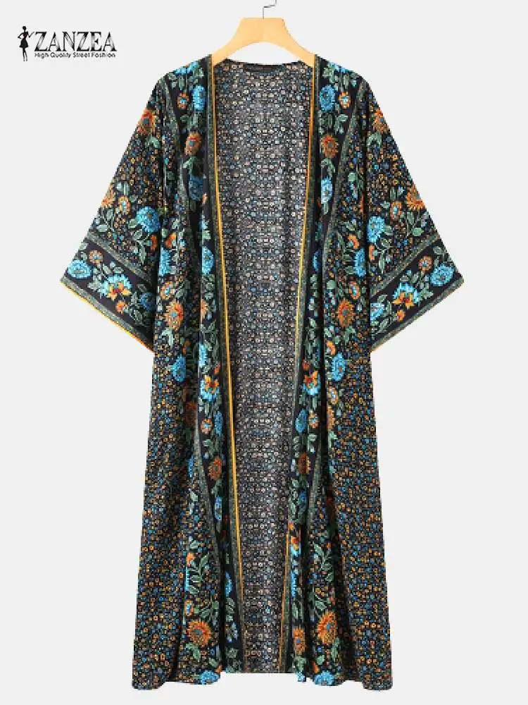 Kwiatowe w stylu boho koszula z nadrukiem Kimono ZANZEA letni sweter plażowy kobiety otwórz przód z długim rękawem wygodna bluzka w stylu Vintage