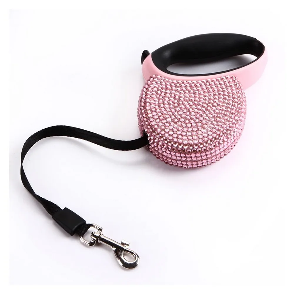 Pet Retractable Dog Leash With Rhinestone Bling Crystal Pink Blue Dog Puppy Pet Lead Leash 3M Flat Line