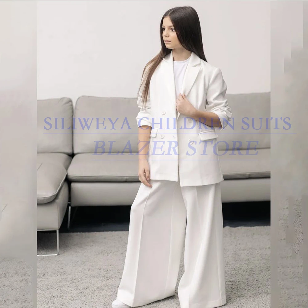 

Girls Clothing 2 Piece Jacket Pants Sets Customzied White Double Breasted Peak Lapel Tops With Buttoms Children Suits Blazer