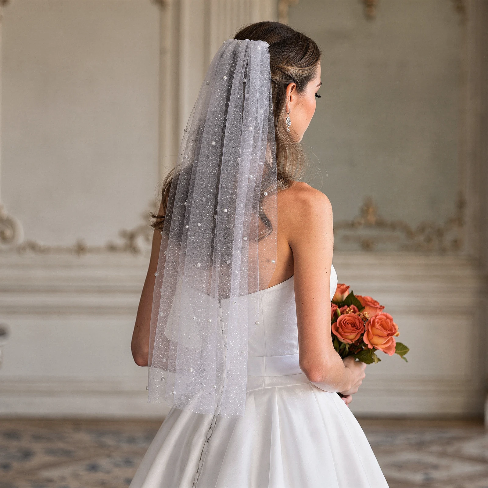 

TOPQUEEN V91A Элегантная и дышащая фата из органзы, однослойная, длиной до пола, украшенная жемчугом