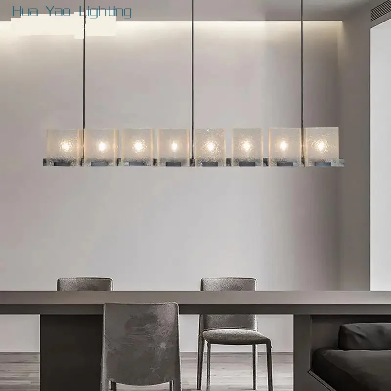 LED chandeliers in restaurants, modern and minimalist dining room tables, bar lamps, and long strip lighting decorations