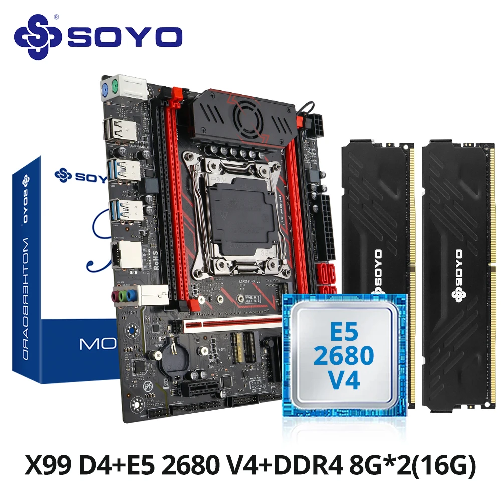 SOYO X99 jeu de carte mère C612 Chipset TPM2.0 broche avec E5 2680 V4 CPU et DDR4 16G (2*8G) 2133MHz RAM PCIE3.0 pour ordinateur de bureau