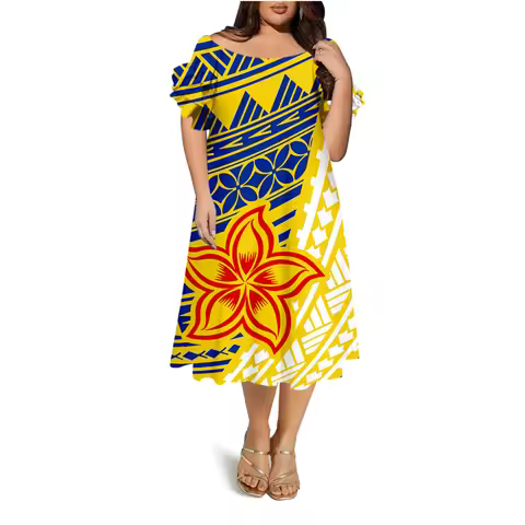 Yellow Floral Print Dress For Women Samoan Pacific Island Custom Fashionable Long Dress Festival Party Evening Dress