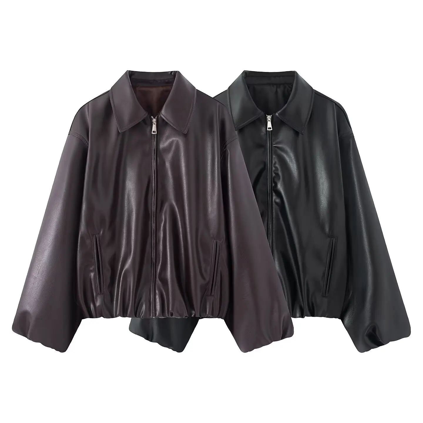 KASLEAD New Women's Casual Loose Long Sleeve Leather Jacket Versatile Outerwear Polyester Fiber Zipper Short Style 5