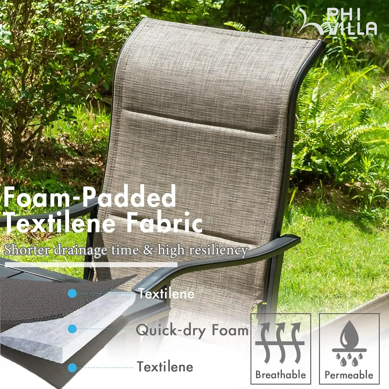 Buiten Eetkamerstoelen, Hoge Rug Textilene Stof Gewatteerde Fauteuils Met E-Gecoat Stalen Frame Voor Patio, Veranda, Dek, Tuin