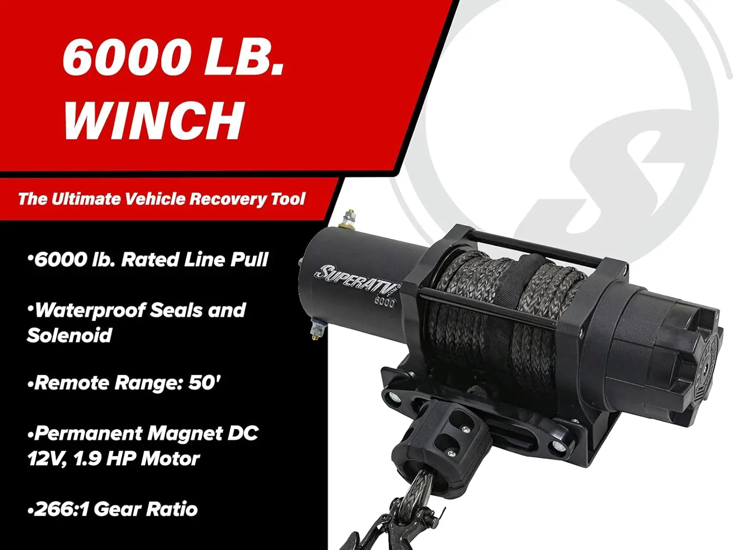 Black Ops 6000 LB Winch Kit For UTV/ATV | Includes 50' Synthetic Rope | Permanent Magnet DC 12V, 1.9 HP Motor And More