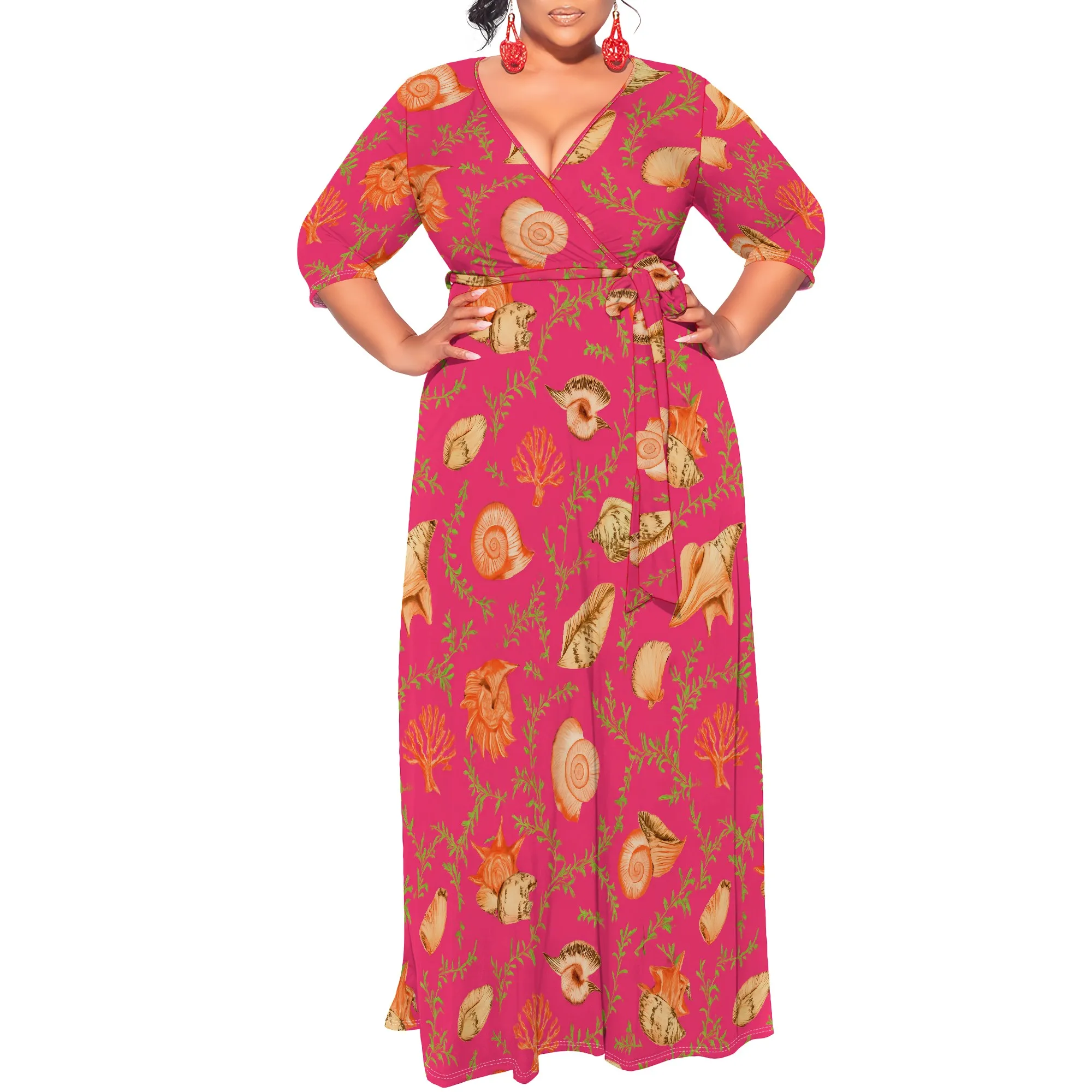 

Women's Plus Size Casual Dress Floral Print Bohemian Flowy Maxi Dress Sexy V Neck 3/4 Sleeves Party Dress with Belt