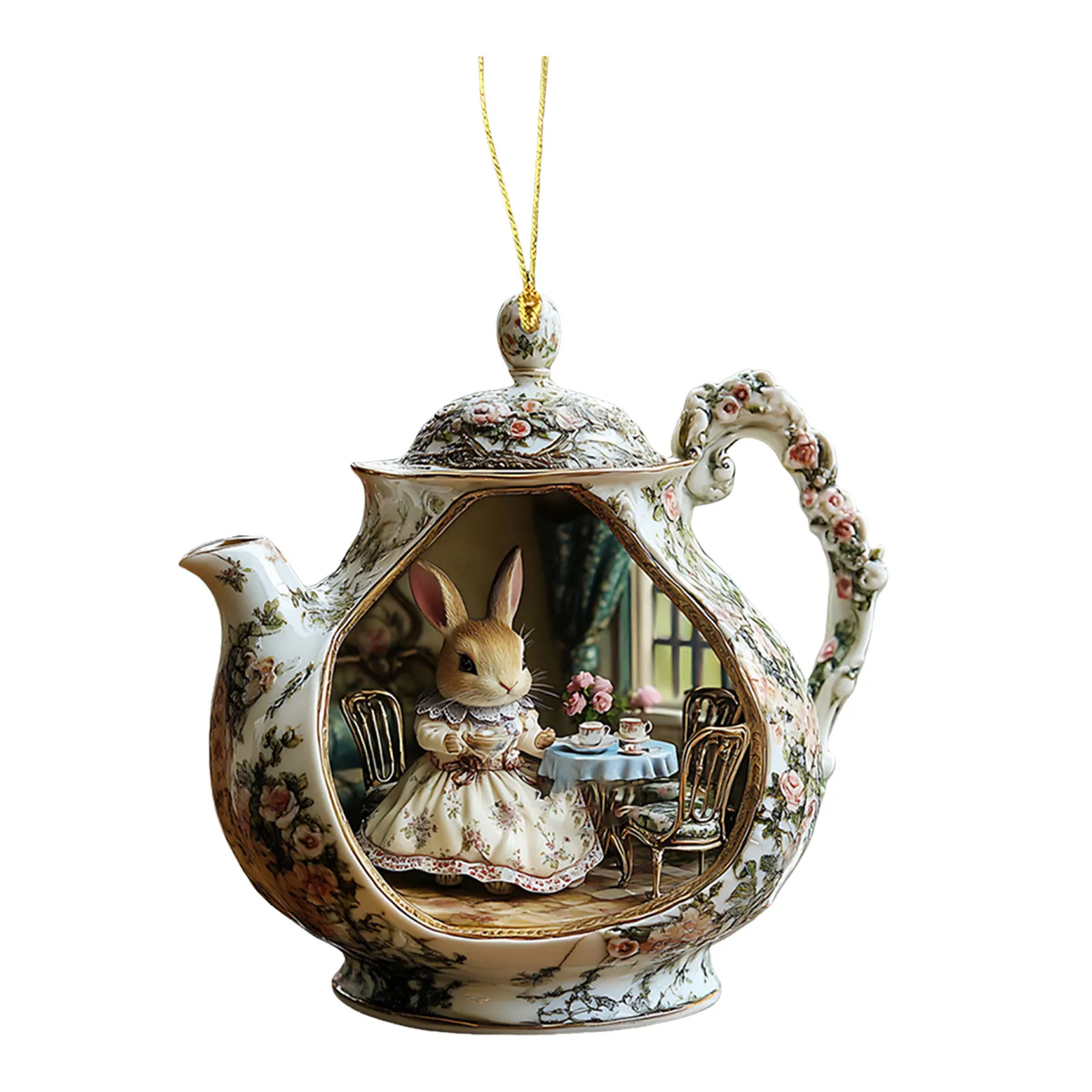 Rabbit In Teacup Warm Home 2d Acrylic Pendant Backpack Pendant Car Interior Pendant Stained Glass Window Hangings Birds Loons