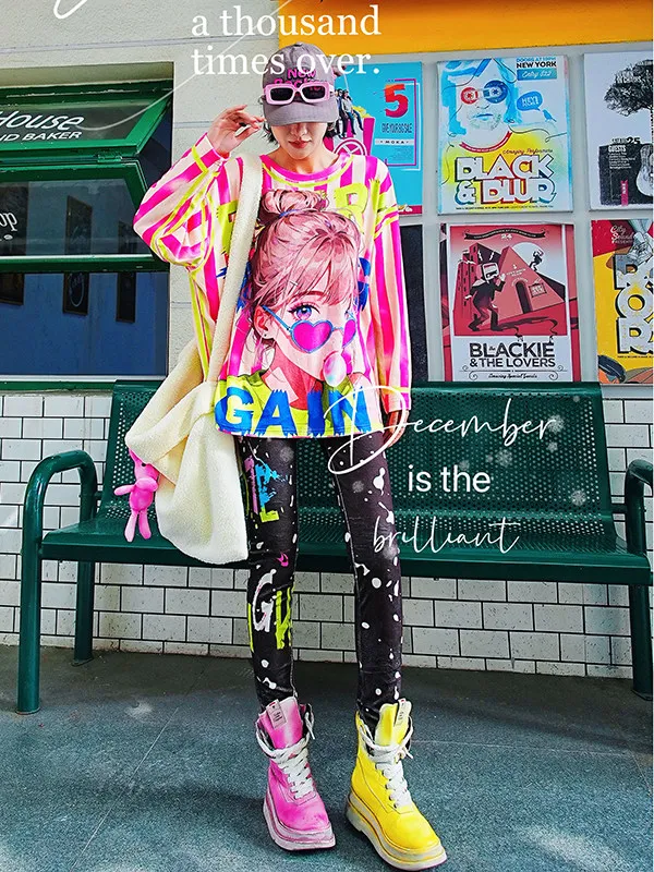 

Colorful Striped Letter Fleece-Lined Casual T-Shirt Autumn Winter New Girl Pattern Trendy Loose Base Shirt Women Clothing