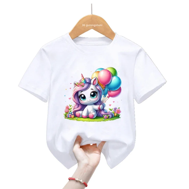 

Balloon Unicorn Flowers Print T Shirt For Girls Butterfly Kids Clothes Summer Fashion Tops Tee Shirt Harajuku Shirt