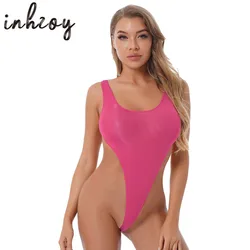 Womens Sexy High Cut Bodysuit Glossy Smooth One-piece Thong Leotard Swimsuit Swimwear Sleeveless Backless Rave Party Clubwear