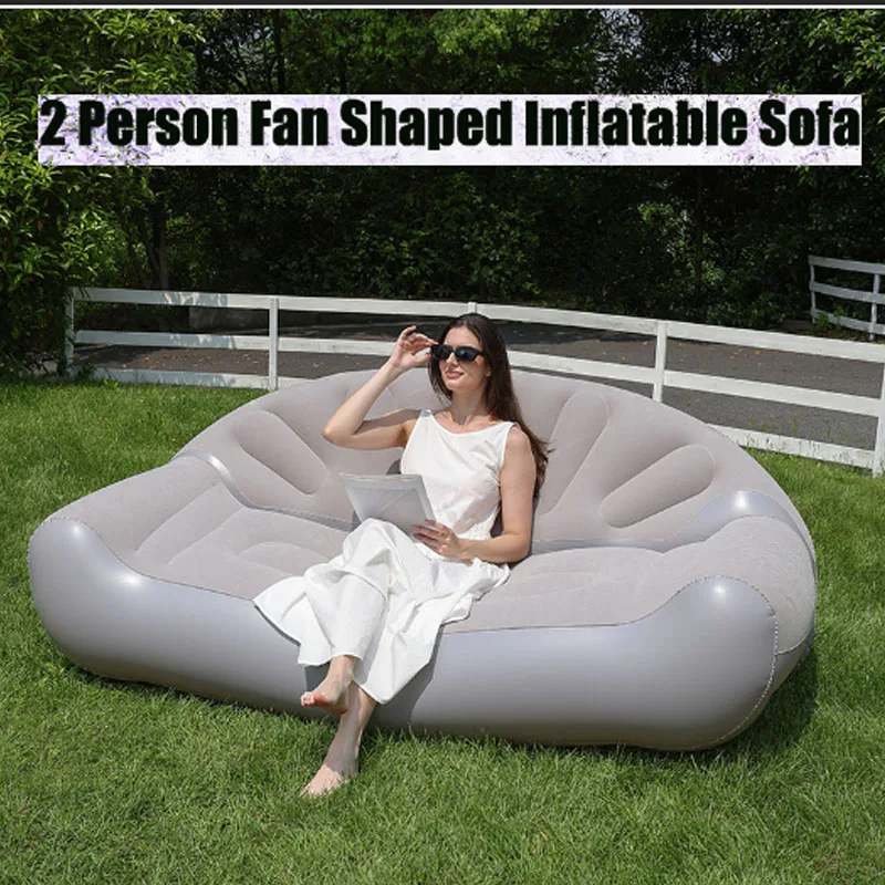 Fan Shaped Inflatable Sofa 2 Person Flocked Air Couch Outdoor Inflatable Lounge Chair Sofa Bed for Camping Poolside Home Rest