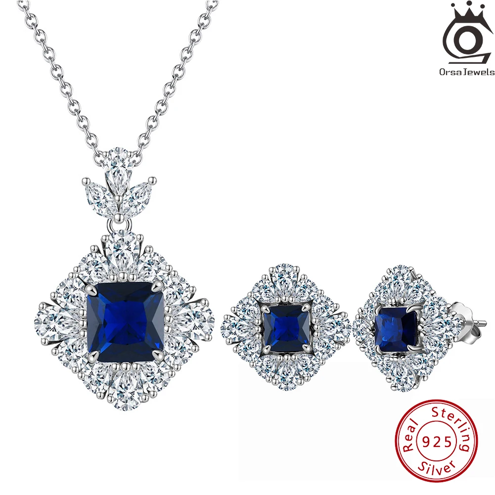 

ORSA JEWELS Clear Zirconia Blue Sapphire Pendant Necklace Stud Earrings 925 Silver Gemstone 8A CZ Wedding Jewelry Set Gift LZN16