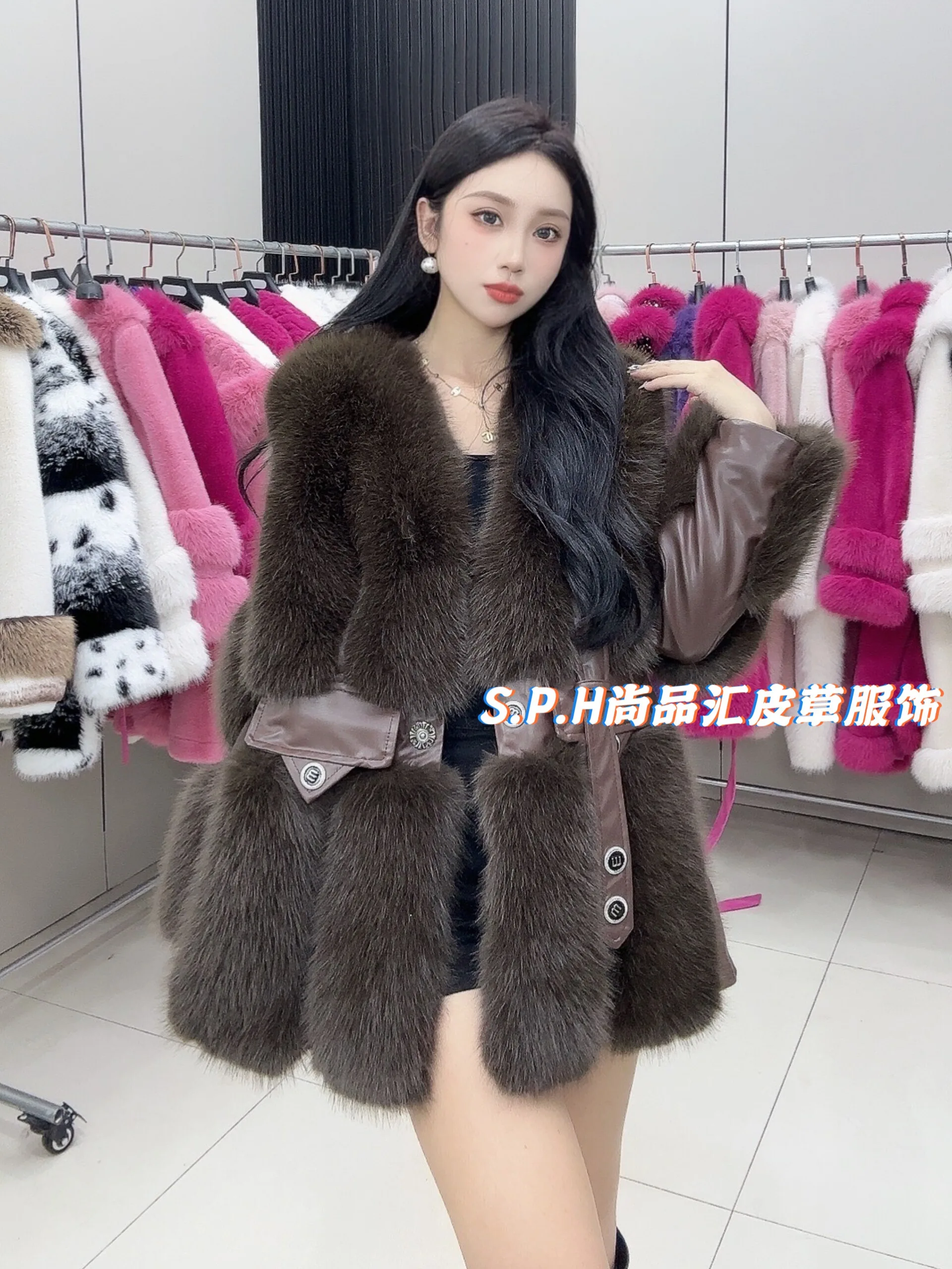 Temperament lady Faux Fur Coating Medium and Long V-neck Long-sleeved European Mink Belt Winter Clothes Women 2024 fashion Coats