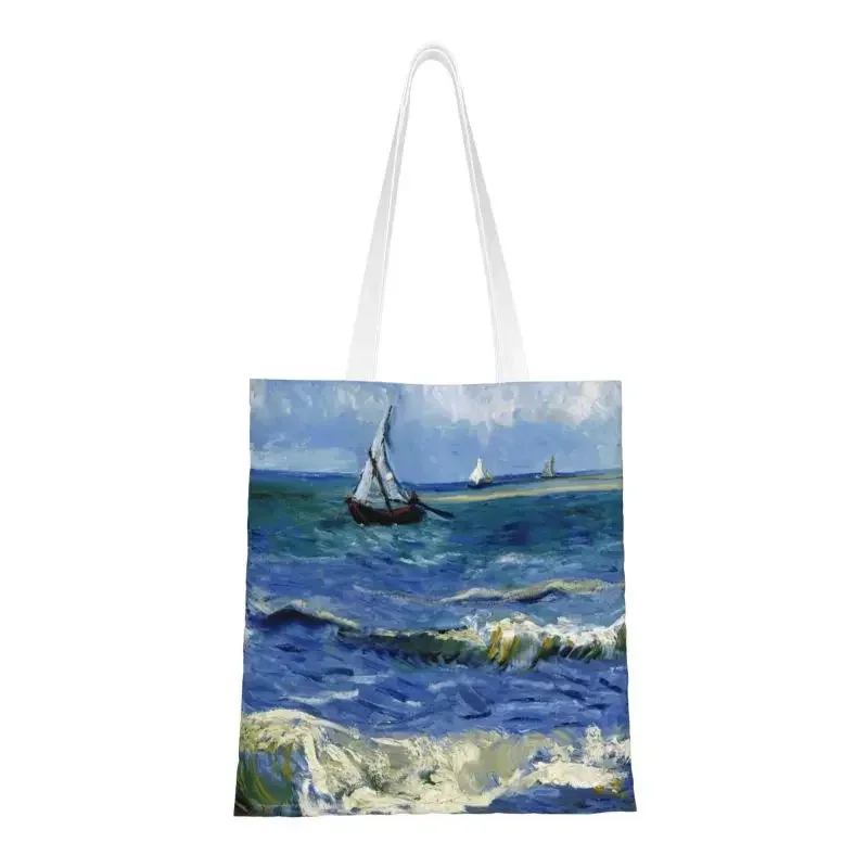 

Kawaii Vincent Van Gogh Shopping Tote Bags Beach at Scheveningen in Stormy Weather Canvas Groceries Shopper Shoulder Bag