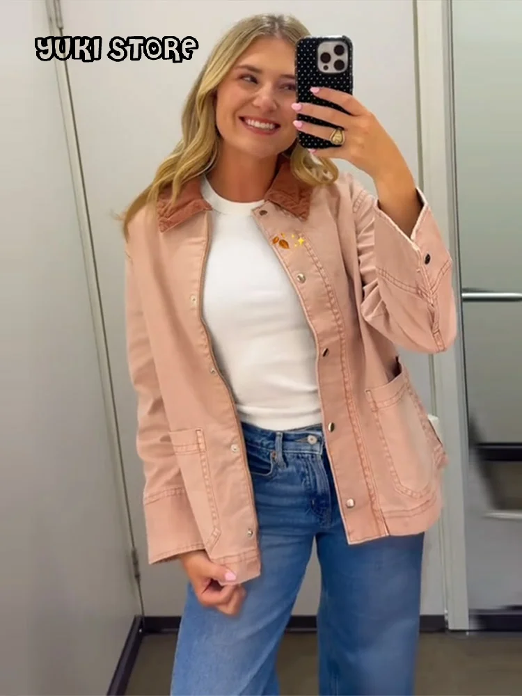 

Fashion Patchwork Contrast Jacket Women Lapel Single Breasted Full Sleeved Pocket Coat 2025 Autumn Winter Lady Loose Outwear